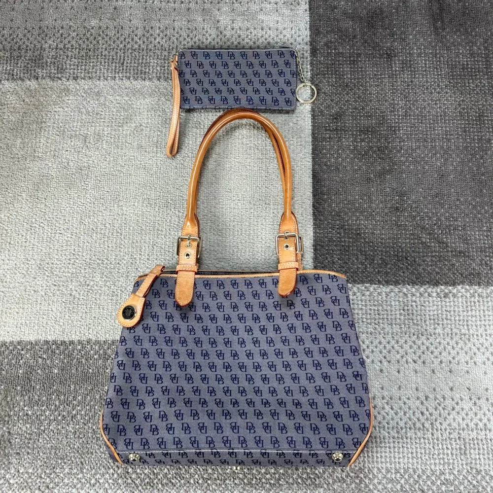 Dooney & Bourke Monogram Canvas Tote Bag and Matching Wristlet Blue Tan